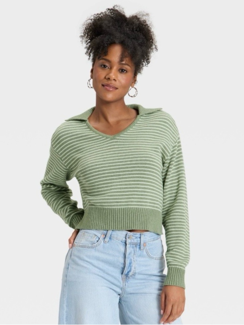 Universal Thread Long Sleeve Collared Neck Pullover Sweater Green Stripe M